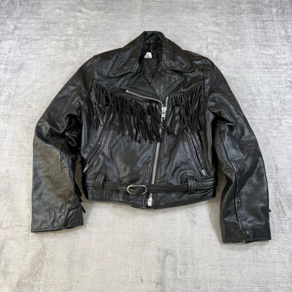Steer Brand Leather Jacket Women 10 Black Vtg Fringe Biker Western Moto Cropped